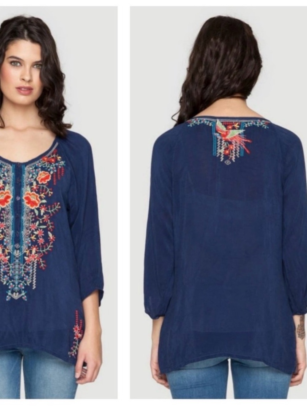 Johnny Was Olivia Top Embroidered Gray Peasant Blouse - Women